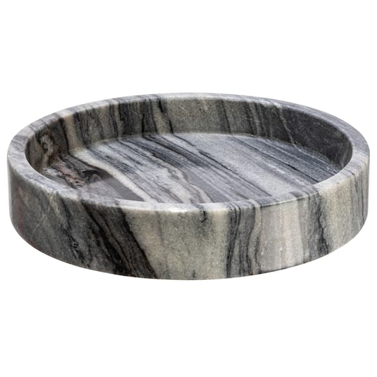 8&#x22; Gray Modern Round Marble Tray with Raised Edge